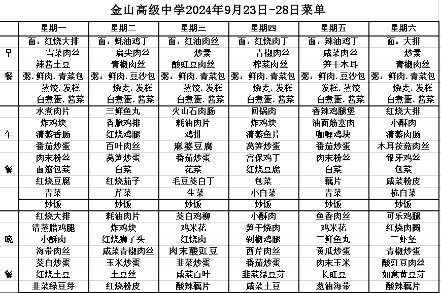 金山高级中学食堂2024年9月23日-28日菜单