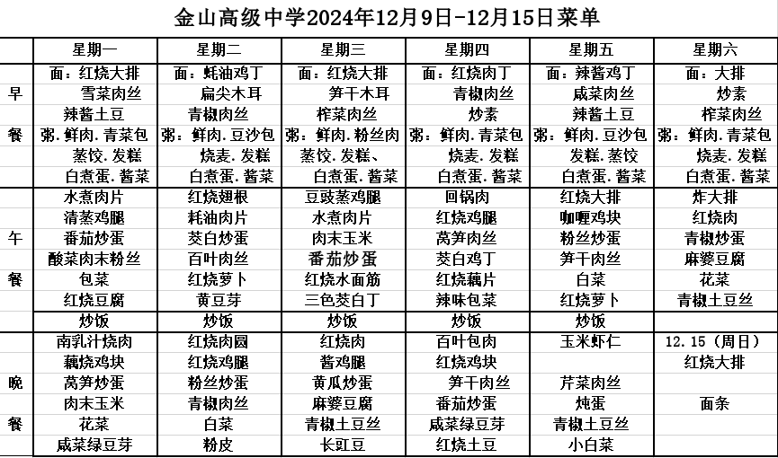 金山高级中学食堂2024年12月9日-12月15日菜单