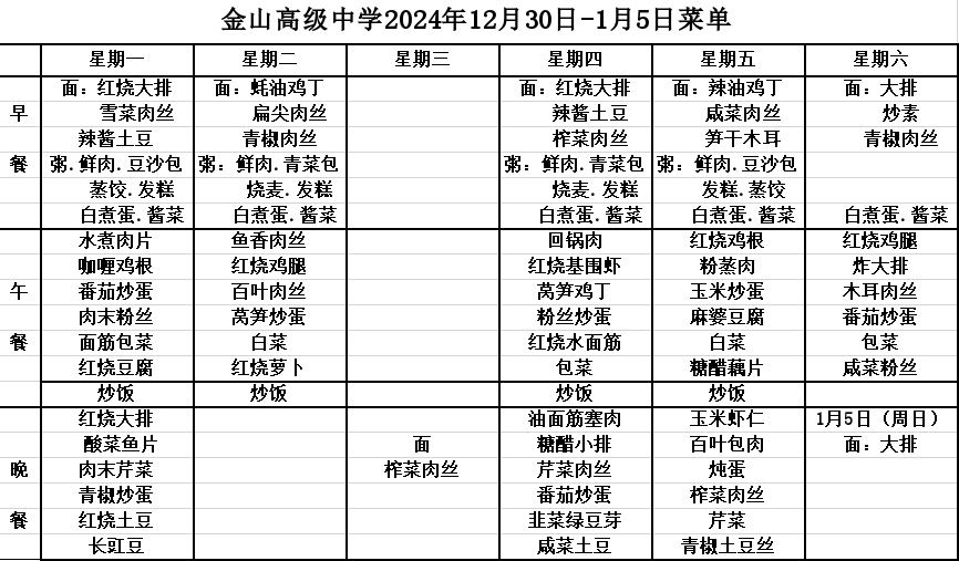 金山高级中学食堂2024年12月30日-1月5日菜单