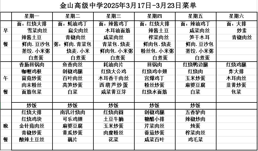 金山高级中学食堂2025年3月17日-3月23日菜单