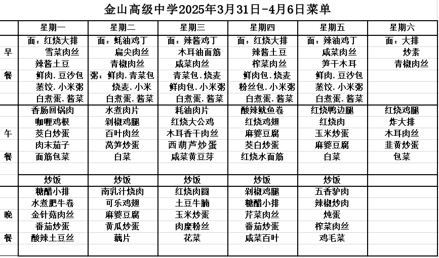 金山高级中学食堂2025年3月31日-4月6日菜单