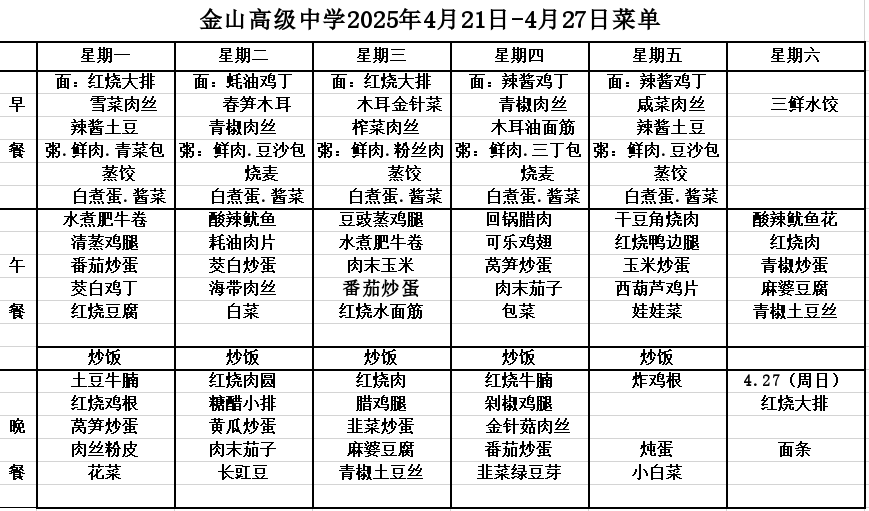 金山高级中学食堂2025年4月21日-4月27日菜单
